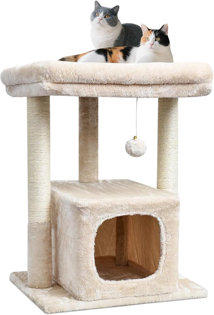 SYANDLVY 27" Cat Tree for Indoor Cats, Activity Tower with Scratching Posts, Modern Kitten Condo with Plush Perch & Hanging Ball for Play, Beige
