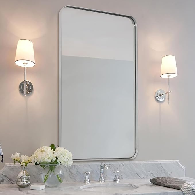 ANDY STAR Brushed Nickel Bathroom Mirror, 24”x40” Rounded Corner Rectangle