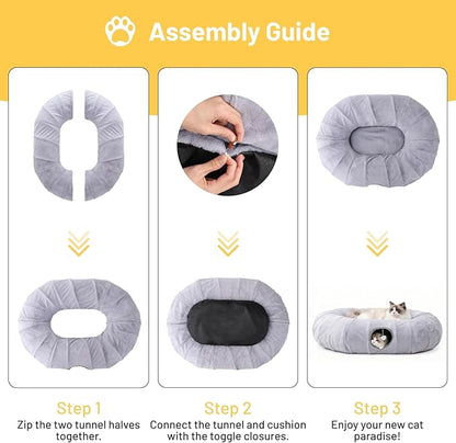 Luxury Plush Cat Tunnel Bed, White Faux Fur, Large Indoor Cat Hideaway, Cozy Sleeping Cave
