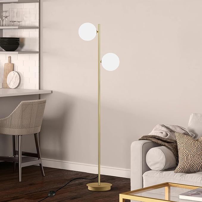 2 Light Mid Century Modern Floor Lamp for Living Room Retro Vintage Tall Standing Lamp with Frosted Glass Globe Shade Brass Floor Lamps for Office Hotel Bedroom