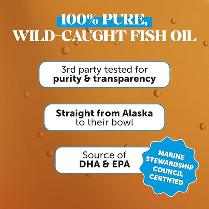 Omega 3 Fish Oil Supplement for Dogs & Cats (16oz), Wild Caught Omega 3 Fish Oil for Skin and Coat Health, Supports Shedding, Skin & Coat, Immunity, Joint, Brain & Heart, EPA + DHA