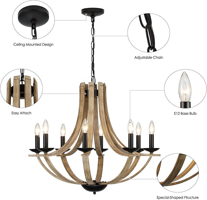 Farmhouse Chandeliers for Dining Room Light Fixture, 8-Light 28" Adjustable Height Retro Faux Wood Texture Rustic Light Fixtures for Living Room Bedroom Kitchen Island Foyer Entryway
