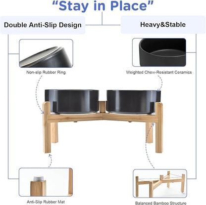 SPUNKYJUNKY Elevated Dog Bowls Ceramic, 7.3'' Dogs Food Water Bowls Raised with Non-Slip Bamboo Stand for Medium to Large Sized Breed Microwave Dishwasher Safe - 42 OZ,Black