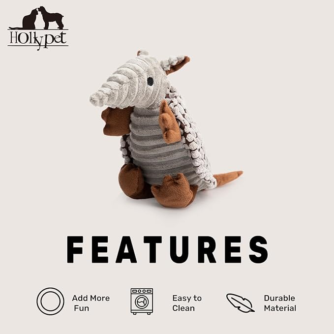 Hollypet Plush Dog Squeaky Toy Stuffed Armadillo Animal Pet Puppy Chew Toys with Clean Teeth for Small Medium Large All Breed Sizes Dogs, Gray, 8 in