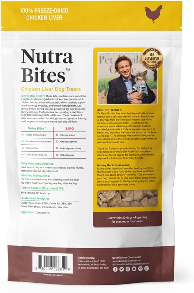 ULTIMATE PET NUTRITION Nutra Bites Freeze Dried Raw Single Ingredient Training Treats Food Topper for Dogs, 4 Ounces, Chicken Liver