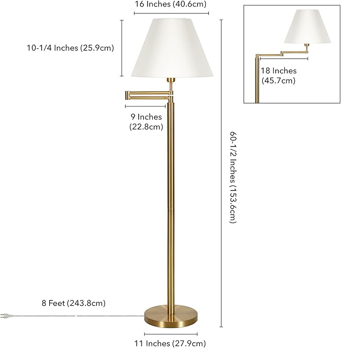 Moby Swing Arm Floor Lamp with Fabric Empire Shade in Brass/White