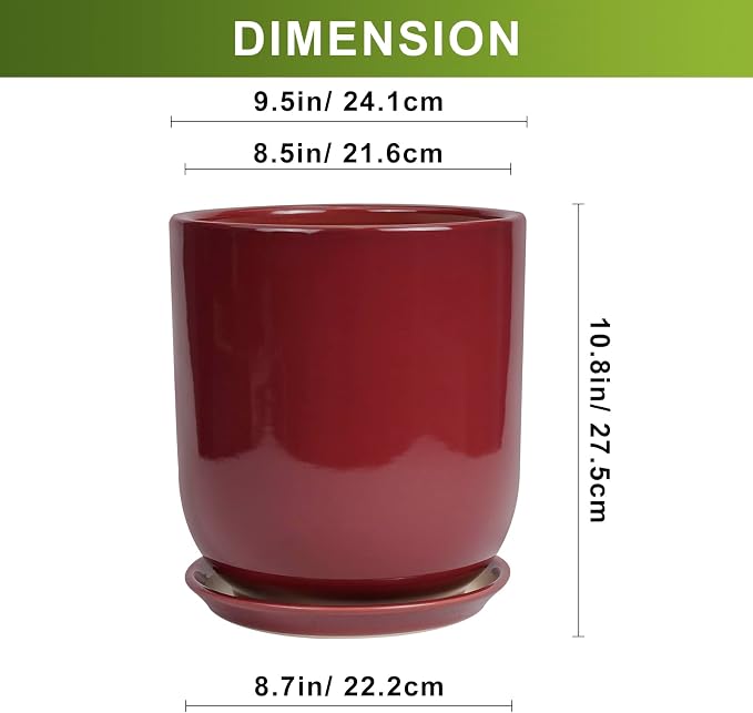 Ceramic Planter for Plants - 10 Inch Plant Pot Indoor with Drainage Hole and Saucer Modern Large Outdoor Planter Flower Pot for Home Decor Red