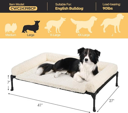 Veehoo Orthopedic Elevated Dog Bed Add Removable Deluxe Rose Plush Bolster Cushion Mat, 41" x 27" Washable Dog Couch Bed, Raised Pet Cot with Breathable Teslin Mesh, No-Slip Feet, White, CWC2439B