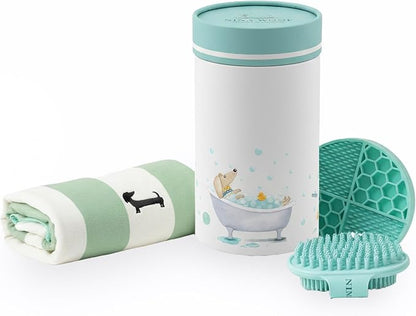 Bath Kit for Dogs & Puppies – Grooming Set with Recycled Polyester Towel, Silicone Brush & Lick Mat – Stylish At-Home Dog Bath Kit, Perfect Dog Gift