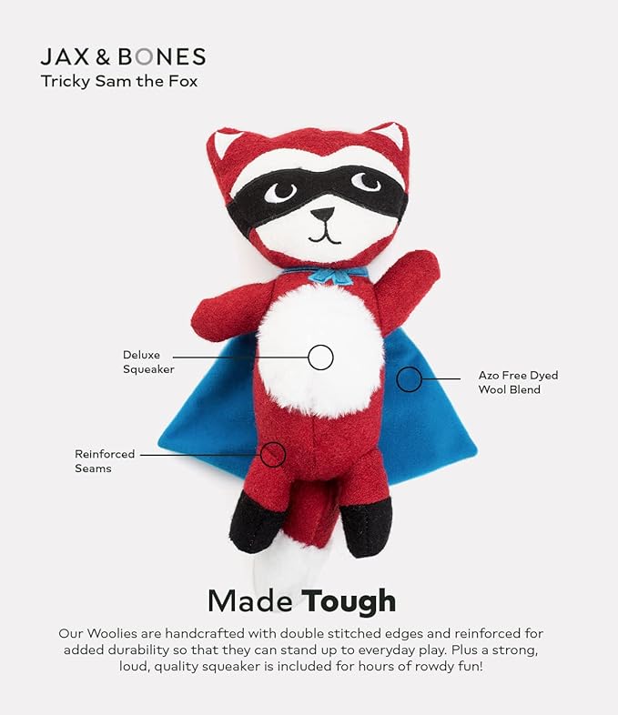 Jax & Bones Squeaky Dog Toys - 11" Tough Wool Squeak Toy for Dogs - Reinforced Seams for Moderate Chewers | Tricky Sam