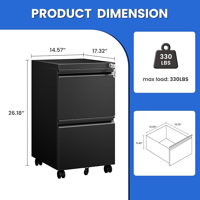 MIIIKO 2 Drawer File Cabinet on Wheels, Home Office Mobile File Drawers Under