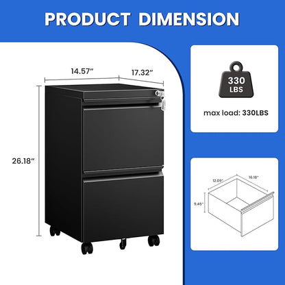 MIIIKO 2 Drawer File Cabinet on Wheels, Home Office Mobile File Drawers Under