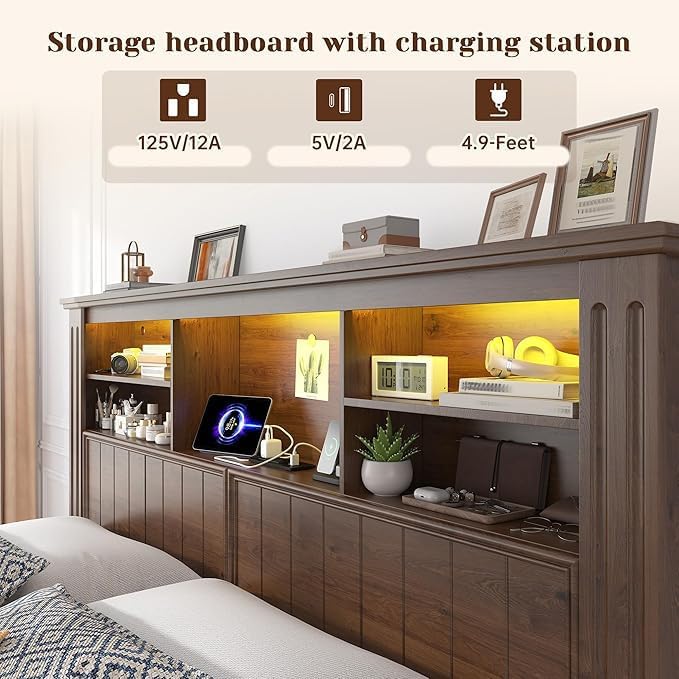 EnHomee Queen Bed Frame with Headboard and Storage,4 Drawers and LED Built in Charging Station Bed Frame Queen Size with Storage Farmhouse, NO Noise,No Box Spring Needed,Brown