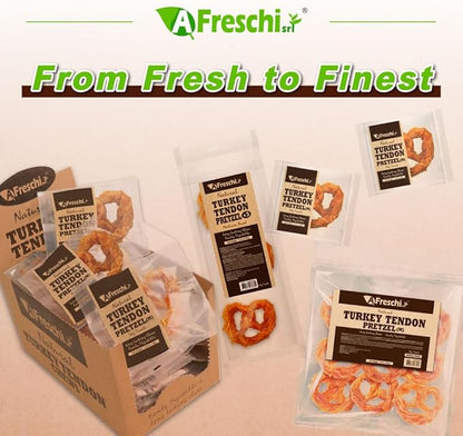 AFreschi Turkey Tendons for Dogs, USA-Sourced, Healthy Dog Treats, Rawhide-Free Puppy Chews, Long Lasting, All Natural, Hypoallergenic Dog Treats for Medium Breeds, 20 Count Box Pretzel (M)