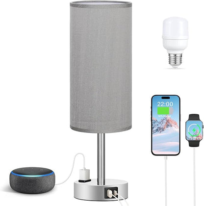 Fenmzee Grey Nightstand Table Lamp for Bedroom - 3 Way Dimmable Bedside Lamp USB C A Charging Ports and AC Outlet, Small Table Lamp Silver Base for Living Room, Office Desk, LED Bulb Included