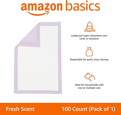 Amazon Basics Cat Pee Pads, Super Absorbent, Odor Control with Fresh Scent, Universal Fit for Litter Box, Multi Cat, Disposable, White/Purple, 100 Count