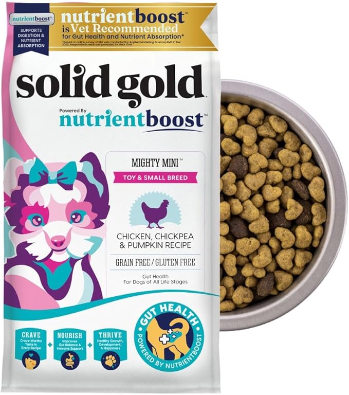 Solid Gold Toy & Small Breed Dry Dog Food Small Bites – Real Chicken, Grain Free Gluten Free, High Fiber Healthy Kibble w/Probiotics for Gut Health & Digestion Support – NutrientBoost™ – 3.75LB