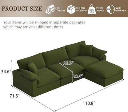 Forest aesthetics Modular Sectional Sofa Cloud Couch,Down Filled Comfy Cloud Modern Sofa,Green Linen L Shape Oversized Couch Cushion Covers Removable Furniture for Living Room