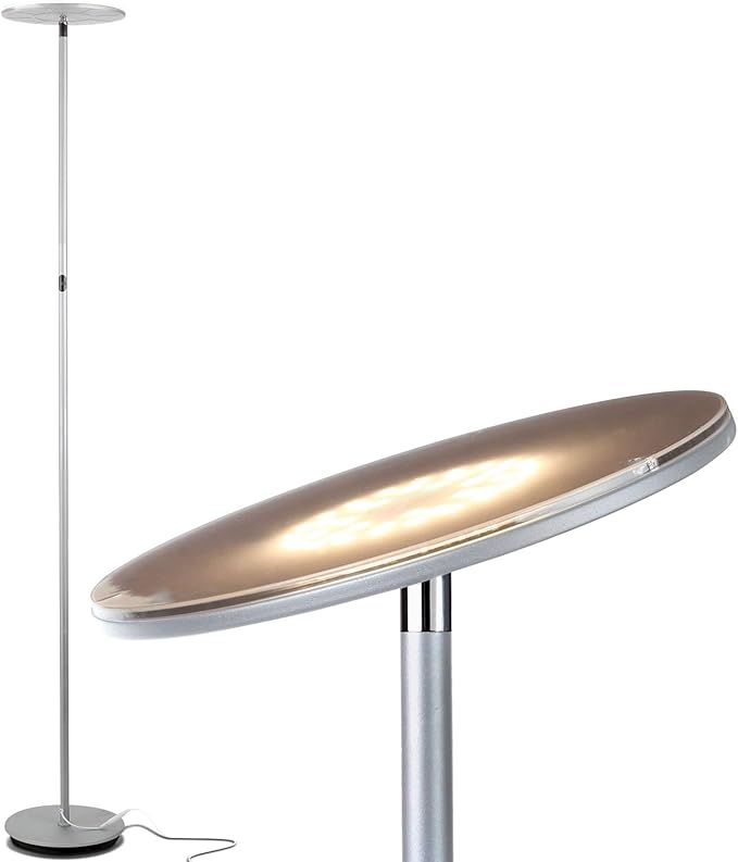 Brightech Sky LED Floor lamp, Torchiere Super Bright Floor Lamp for Living Rooms & Offices - Dimmable, Tall Standing Lamp for Bedroom Reading - Platinum Silver