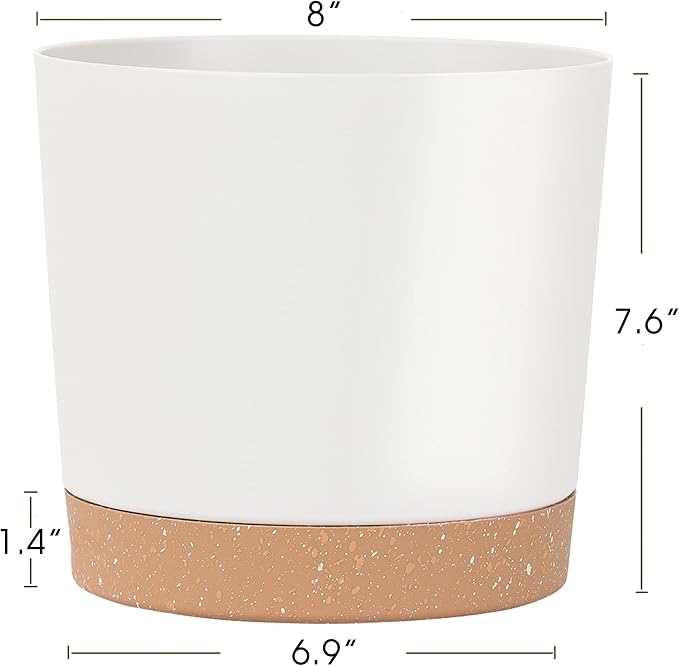 kubvici 2 Pack 8 Inch Planters for Indoor Plants, Plastic Flower Pots Plant Pots Indoor with Drainage Saucer for Outdoor Garden Home Plant, White 8”