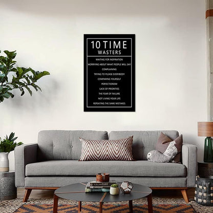 Inspirational 10 Time Wasters Wall Art for Office Motivational Positive Quote Canvas Poster Wall Decor Paintings Wooden Framed Artwork Living Room Bedroom Home Decoration Ready to Hang [24''W x 36''H]
