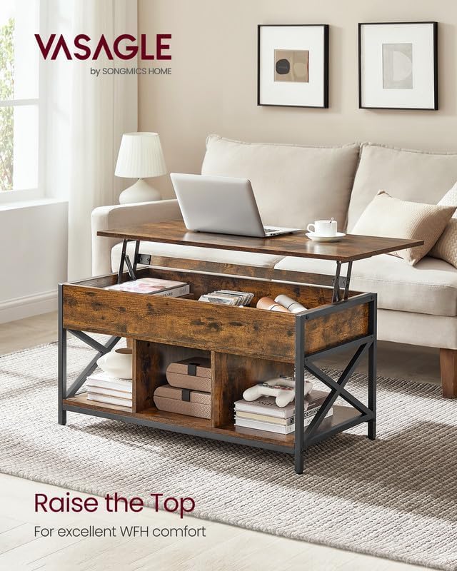 VASAGLE Lift Top Coffee Table, Lift Coffee Table with Storage Shelf, Hidden Compartments and Lifting Top, for Living Room, Office, 19.7 x 39.4 x (19.3-24.4) Inches, Rustic Brown and Black ULCT202B01