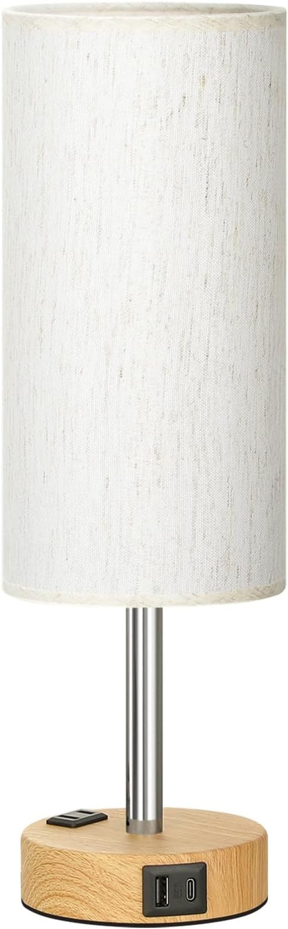 Fenmzee Bedside Table Lamp for Bedroom - 3 Way Dimmable Touch Lamp USB C Charging Ports and AC Outlet, Small Lamp Wood Base Round Flaxen Fabric Shade for Living Room, Desk, LED Bulb Included