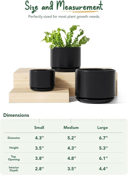 LE TAUCI Ceramic Plant Pots, 4.3+5.3+6.8 inch, Set of 3, Planters with Drainage Hole and Saucer, Indoor Flower Pot with Hole Mesh Pad, Gifts for Mom, Black