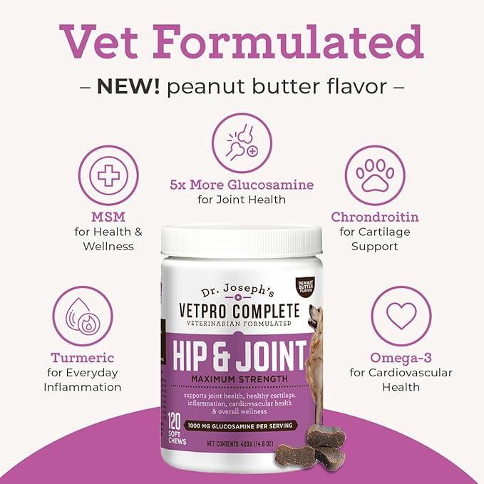 VetPro Complete Dr. Joseph's Peanut Butter Hip and Joint Dog Chews, 120 Count, Pain and Inflammation Relief with Glucosamine, Chondroitin, MSM, Turmeric, Vitamin C, Omega 3, Treats Hip Dysplasia