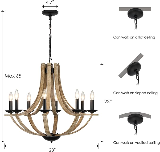 Farmhouse Chandeliers for Dining Room Light Fixture, 8-Light 28" Adjustable Height Retro Faux Wood Texture Rustic Light Fixtures for Living Room Bedroom Kitchen Island Foyer Entryway
