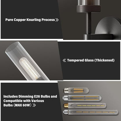 14" Bathroom Vanity Wall Sconces,Matt Black Wall Sconces Set of Two,Glass Tube Sconces Wall Lighting Indoors,Wall Lights for Mirror, Living Room, Bedroom, Hallway