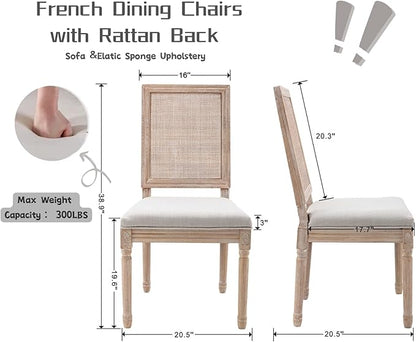 CIMOTA Farmhouse Dining Chairs Set of 4, French Rattan Dining Room Chairs with Rectangle Back/Distressed Wood Upholstered Vintage Side Chairs for Kitchen/Restaurant, Beige/4PCS
