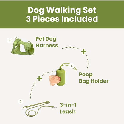 No Pull Dog Harness and Leash Set 3-in-1 Adjustable Anti Pull Dog Harness with Hands-Free Matching Leash,Poop Bag Holder,Easy Walk Dog Harness Small Sized Dog(Olive Green)
