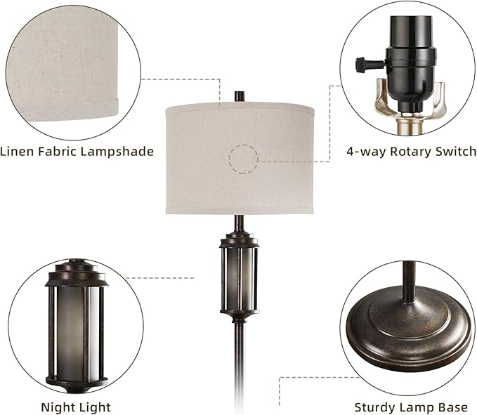 65'' Farmhouse Floor Lamp for Living Room with 2 Light Sources, Vintage Tall Standing Lamp with Frosted Acrylic Nightlight, Rustic Floor Light for Bedroom Office Corner, Bulbs Included
