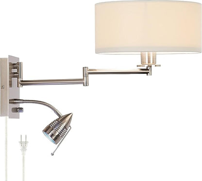 Possini Euro Design Tesoro Modern Swing Arm Wall Mounted Lamp Adjustable LED Brushed Nickel Plug-in Light Fixture Off White Drum Shade for Bedroom Bedside House Reading Living Room Home Hallway