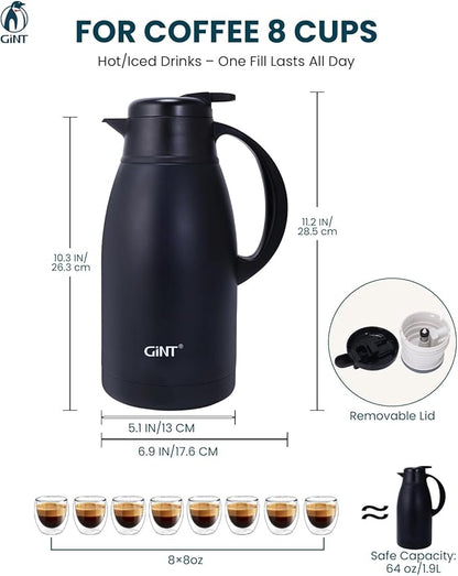 GiNT Stainless Steel Thermal Coffee Carafe, Double Walled Vacuum Water and