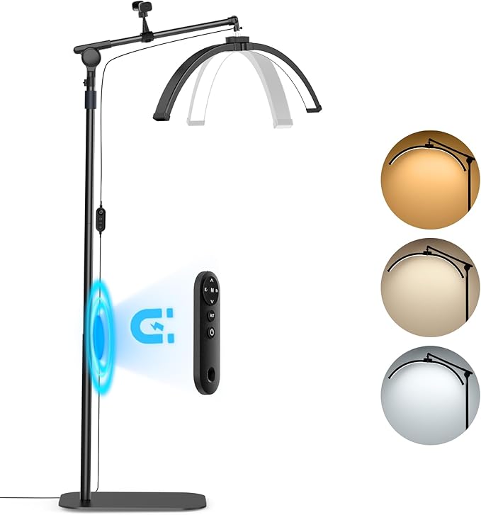 LASTAR LED Lash Light for Eyelash Tech – Half Moon Floor Lamp with Adjustable Brightness, Warm-to-Cool Lighting & Built-in Phone Holder – Ideal for Tattoo Artists, Estheticians & Lash Experts