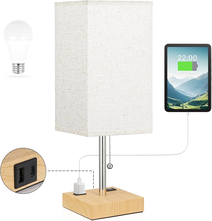 aooshine Wood Grain Small Table Lamp for Bedroom - 3 Color Temperature 3000K 5000K 4000K Bedside Lamp, Pull Chain Control, USB A and C Ports, Bulb Included
