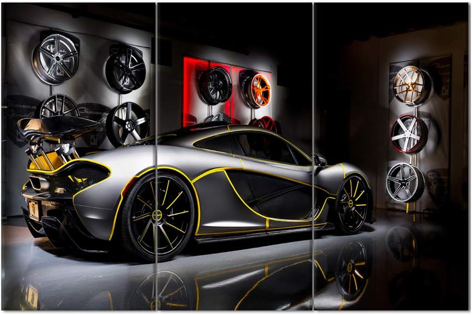 TUMOVO Black Pictures Sports Car Painting Canvas 3 Pieces Canvas Wall Art Modern Artwork Home Decorations for Living Room Bedroom Giclee Wooden Frame Gallery-Wrapped Ready to Hang 28 x 14inch x 3