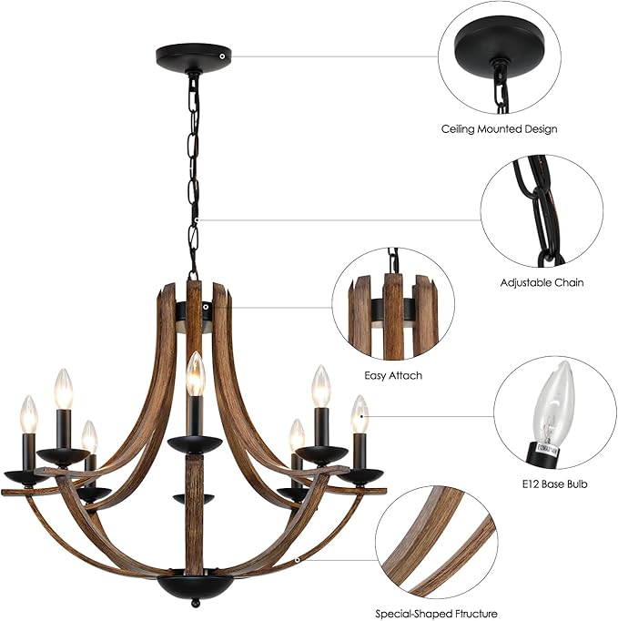 Rustic Farmhouse Dining Room Chandelier Light Fixture, 8-Light 28" Adjustable Chandelier for Kitchen Island, Living Room, Foyer, Staircase, Restaurant, Showroom, Villa, Faux Walnut