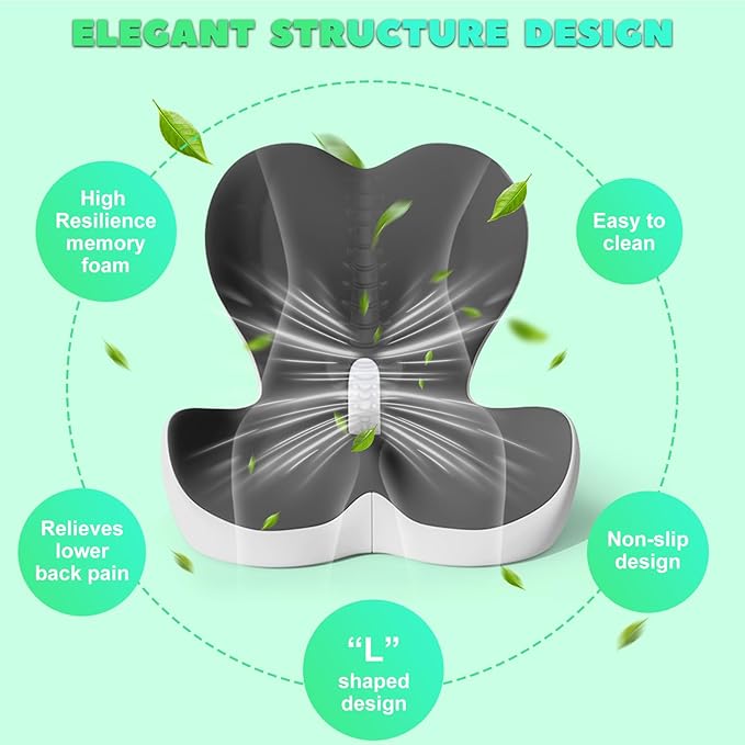 Buttocks Cushion for Office Chair Memory Foam Seat Pad for Butt Support Tailbone Relief Ergonomic Chair Cushion for Home Car Travel or Work (Off White)
