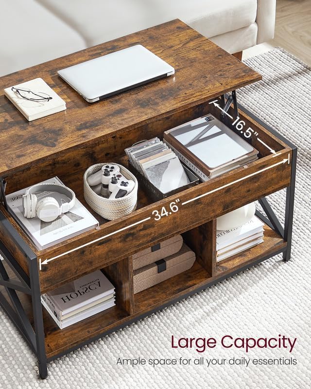 VASAGLE Lift Top Coffee Table, Lift Coffee Table with Storage Shelf, Hidden Compartments and Lifting Top, for Living Room, Office, 19.7 x 39.4 x (19.3-24.4) Inches, Rustic Brown and Black ULCT202B01