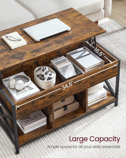 VASAGLE Lift Top Coffee Table, Lift Coffee Table with Storage Shelf, Hidden Compartments and Lifting Top, for Living Room, Office, 19.7 x 39.4 x (19.3-24.4) Inches, Rustic Brown and Black ULCT202B01