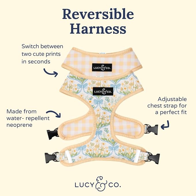 Lucy & Co. Reversible Dog Harness - Water-Repellent Neoprene, Dual-Print Design, Easy Swap Style, Adjustable Comfort Fit - Sunshine Daffodils Reversible Harness - X-Small