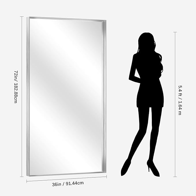 CIRCUMI Silver Bathroom Mirror, Brushed Finish, Tempered Glass, Large Mirror