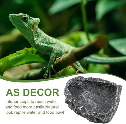 Reptile Bowls, 2 Pcs Reptile Feeding Dish with Clamp & Shovel, Resin Rock Reptile Water & Food Bowls, Amphibian Reptile Feeding Terrarium Bowls for Gecko Lizard Spider Scorpion Chameleon