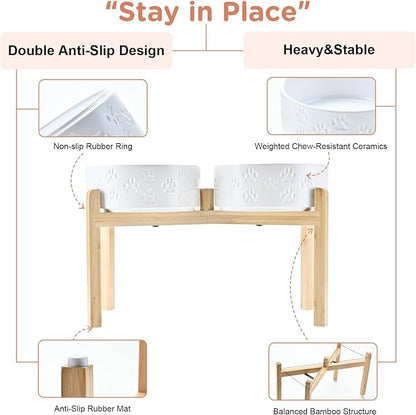 SPUNKYJUNKY Elevated Dog Bowls Ceramic, 8.3'' Dogs Food Water Bowls Raised with Non-Slip Bamboo Stand for Large Sized Breed Microwave Dishwasher Safe - 60 OZ,Paw White