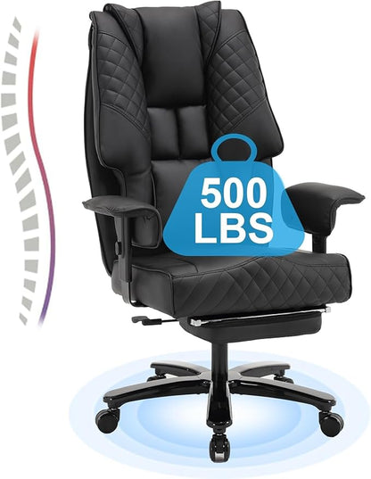 500lb Big and Tall Office Chair, Reclining Office Chairs with Footrest, High Back Leather Executive Computer Chair with Wheels Recliner Home Desk Chairs with Lumbar Support for Heavy People,Black