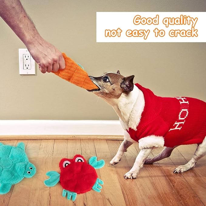 AWOOF No Stuffing Crinkle Squeaky Plush Dog Toys - Cute Animal Themed for Small to Large Dogs & Puppies - Bulk 5 Pack