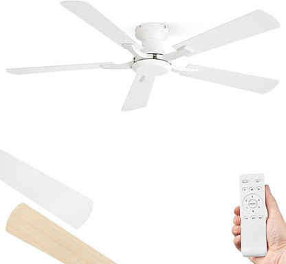 ZMISHIBO 52 Inch Ceiling Fan No Light, Flush Mount Low Profile, Modern White